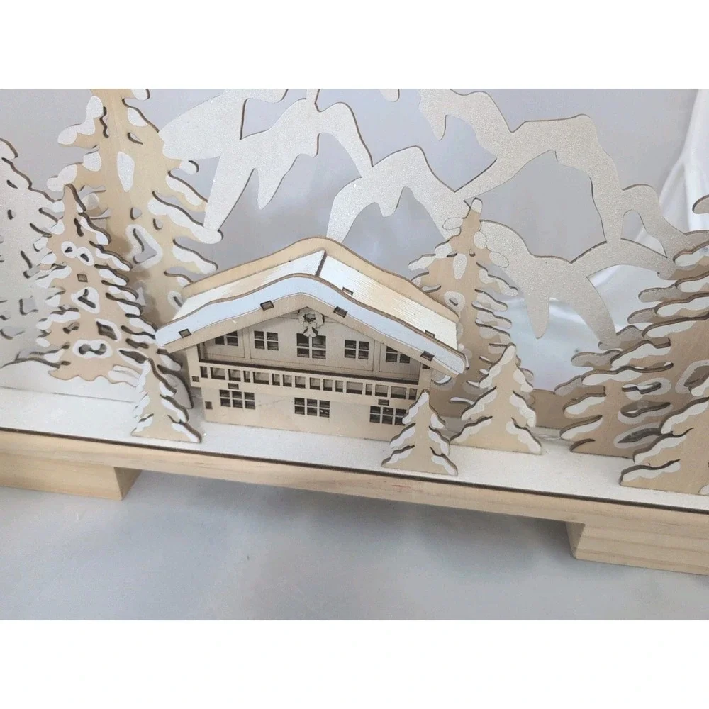 World Market Laser‎ Cut Wood Mountain Chalet LED Christmas Light Up Decor